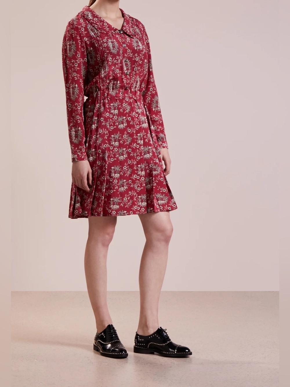The Kooples Red Floral 100% Silk Long-Sleeve Short Dress Ruffles V-Neck Size: S